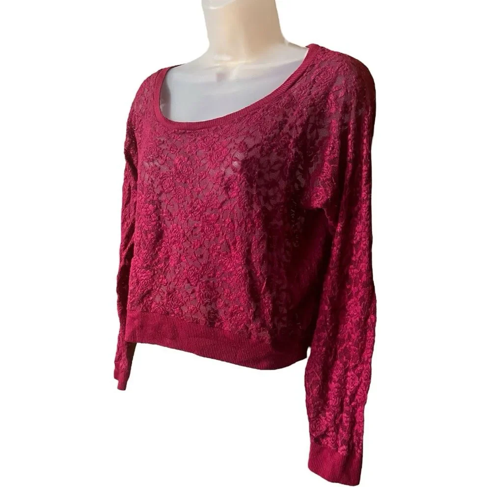 Rue21 Burgundy Lace Long Sleeve Crop Top Sz Large Y2K Whimsigoth Fairy